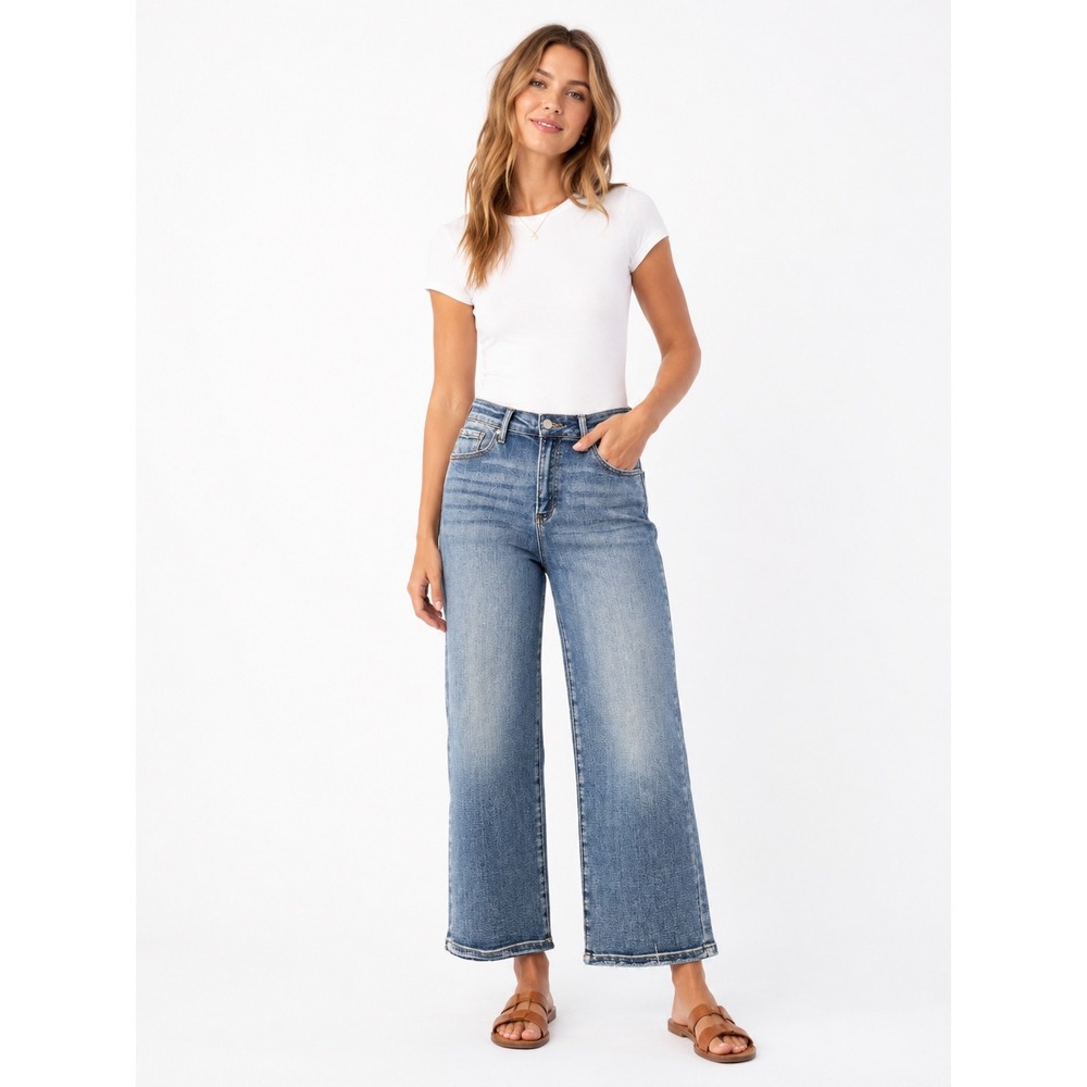 Risen Los Angeles High Rise Wide Leg‎ Crop Jeans Raw Hem Medium Wash Women's 30